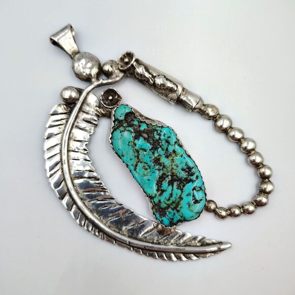 Vintage Native American Sterling Silver 925 Turquoise Large Pendant Southwestern